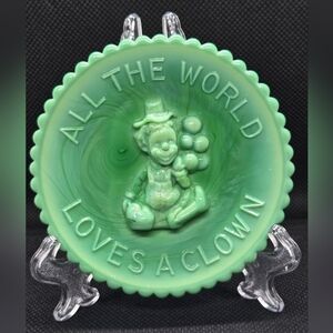 Moser Mini Green Slag Swirl Glass All the World Loves a Clown Plate